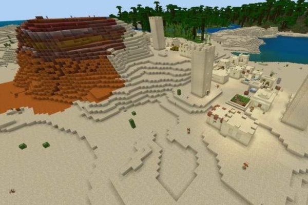 Desert Oasis Village seed with a village surrounded by desert terrain and water