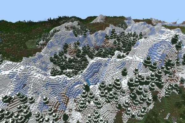Icy Mountain Fortress seed showing towering snowy mountains and an exposed fortress