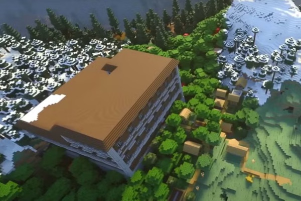 Mysterious Meadow Mansion Bedrock seed showing a woodland mansion set against meadow biome